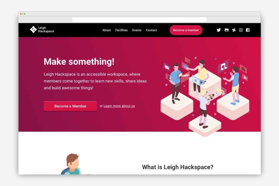 Leigh Hackspace website design – high fidelity wireframe