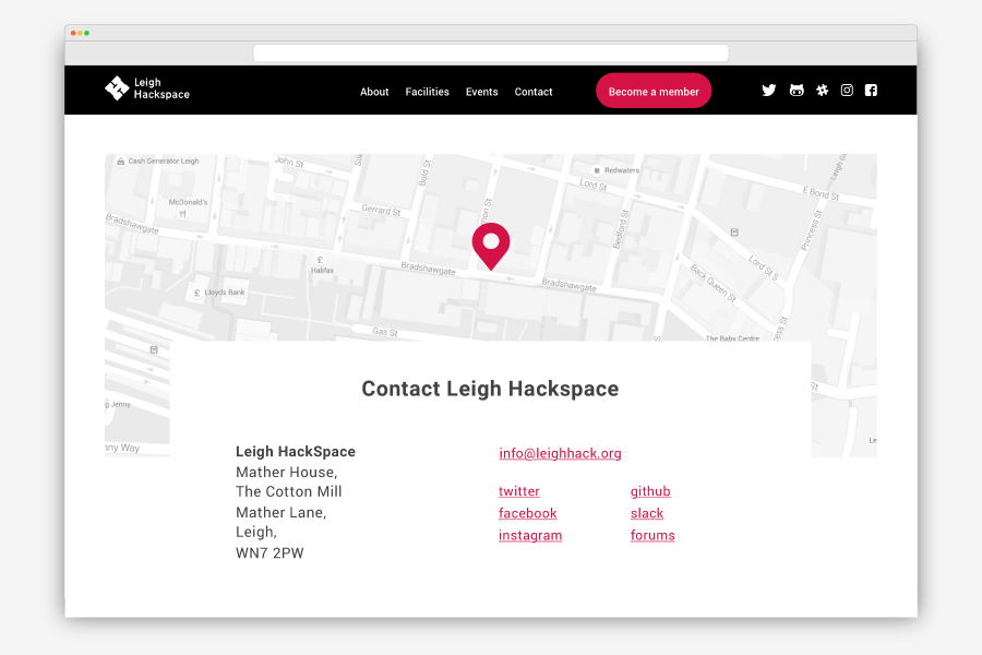 Leigh Hackspace website design contact page